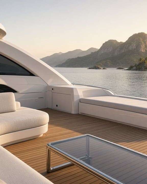 Sunlight across an empty yacht aft deck and a distant coast