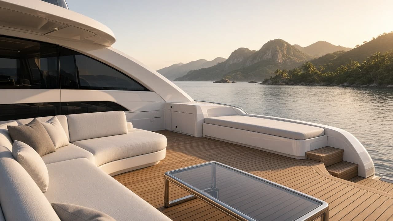 Sunlight across an empty yacht aft deck and a distant coast