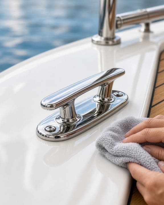 Hands polishing a yacht hull beside a stainless cleat and teak deck