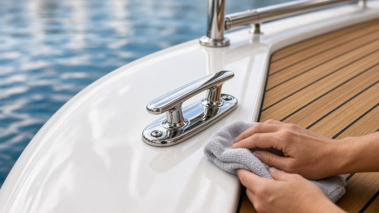 Hands polishing a yacht hull beside a stainless cleat and teak deck