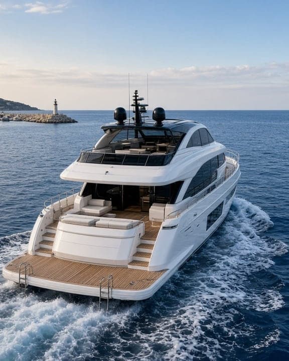 White motor yacht leaving a marina for open water