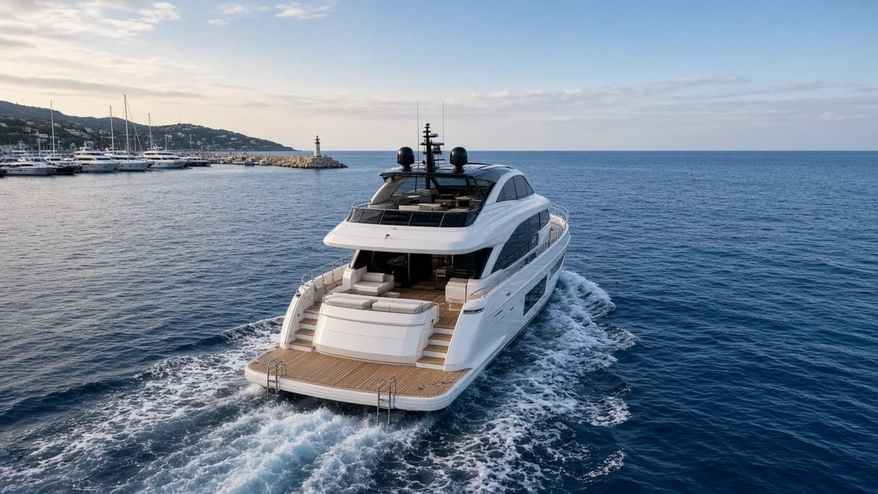 White motor yacht leaving a marina for open water
