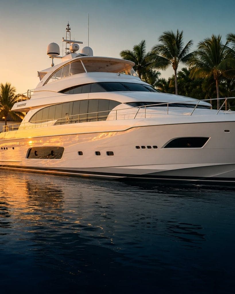 White motor yacht alongside a palm-lined dock at sunset