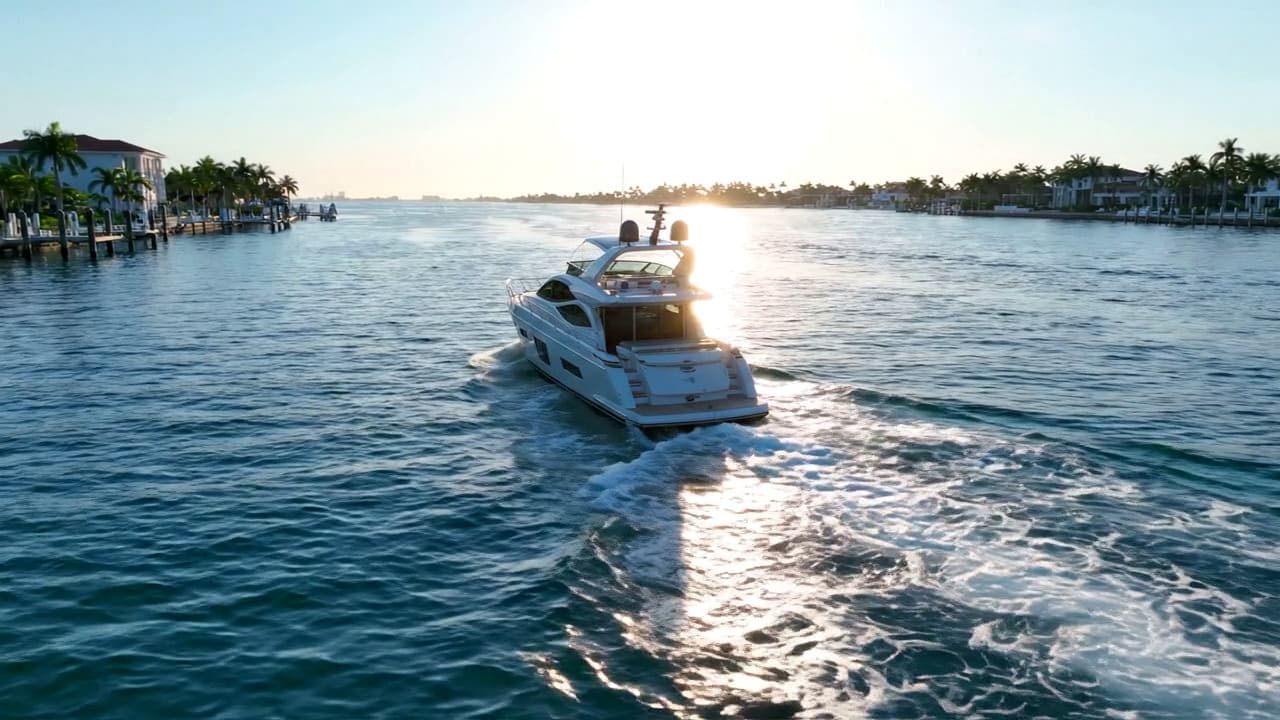 White motor yacht underway in a wide channel with sunlight on the water