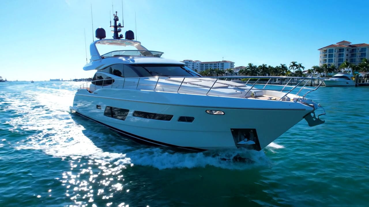 White motor yacht underway on bright blue water near a palm lined shore